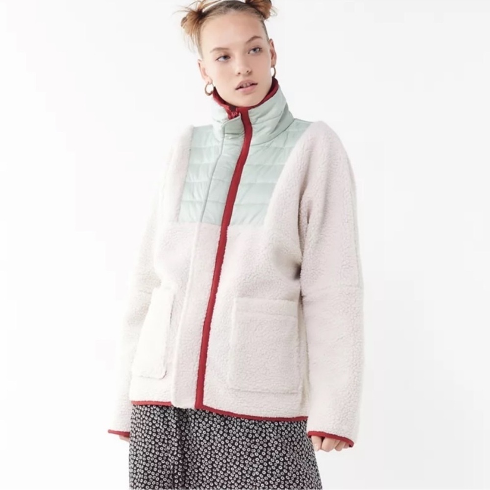 Urban Outfitters UO Mixed Media Sherpa Fleece Windbreaker Jacket Cream Green Lg